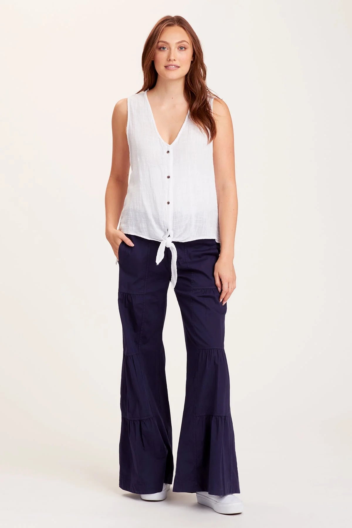XCVI Navy Terraced  Wide Leg Cotton Spandex pant